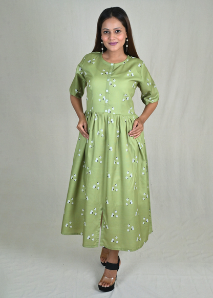 Digital Flower Print Dress With Front Slit